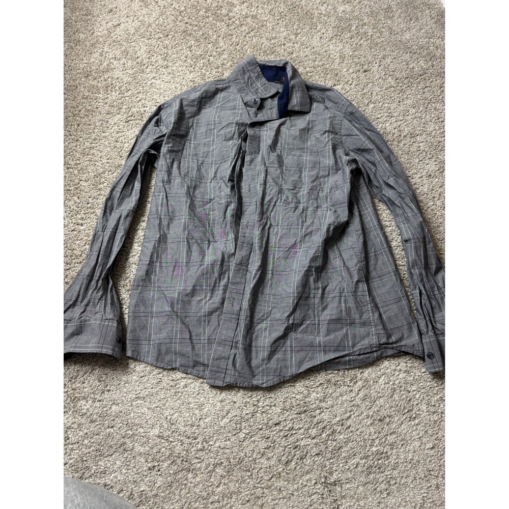 Tasso Elba Mens Grey Plaid Button Down Shirt 100% Cotton Size M 15-15.5 LS